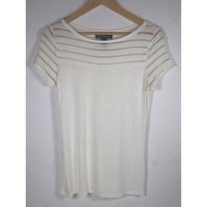 INC International Concepts White Cream Sheer Stripe Detail Short Sleeve Top Med